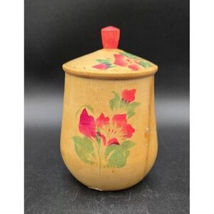 Vtg Russian ? Ukranian Wooden Container Vase with Lid Folk Art Pink Floral